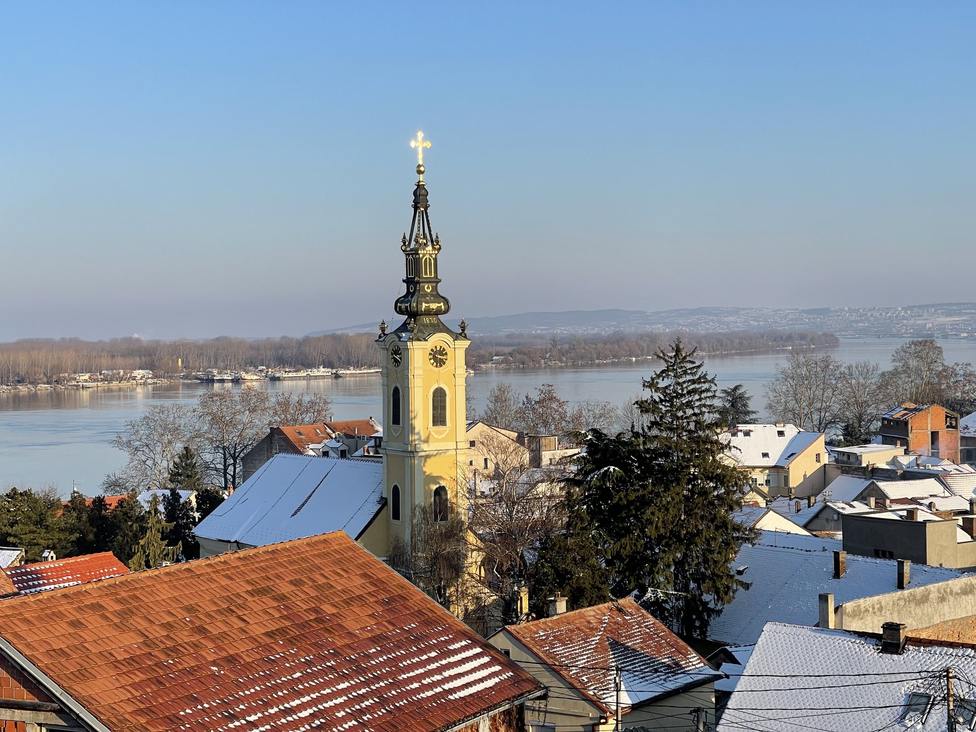 Snow on the roofs of Zemun above the Danube in winter, Belgrade